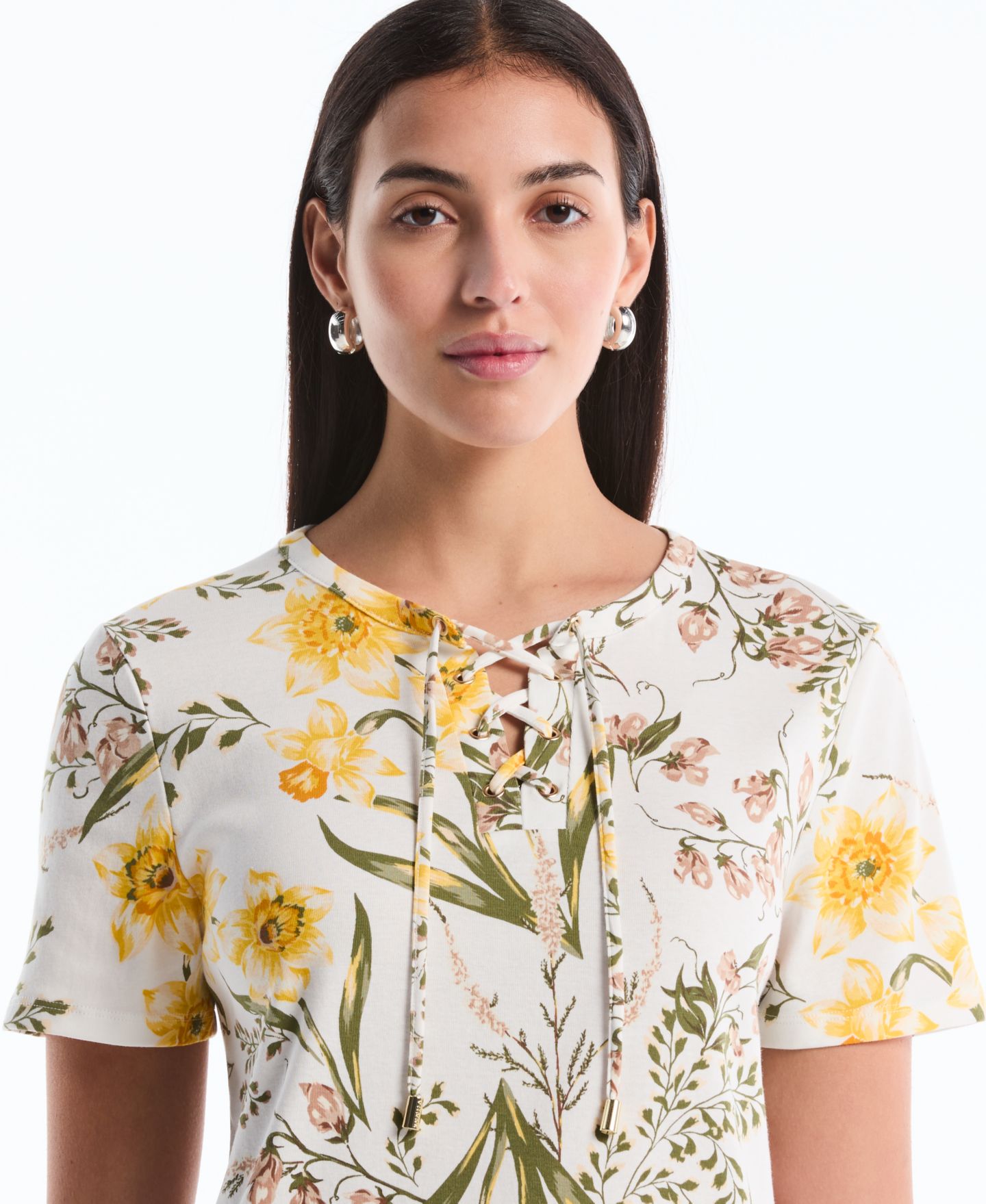 Женский топ Rafaella Petite Garden Print Lace-Up, цвет: Белый — фото 3