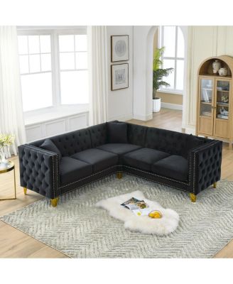 Velvet L-Shaped Sectional Couch, 5-Seater Sofa with 3 Cushions