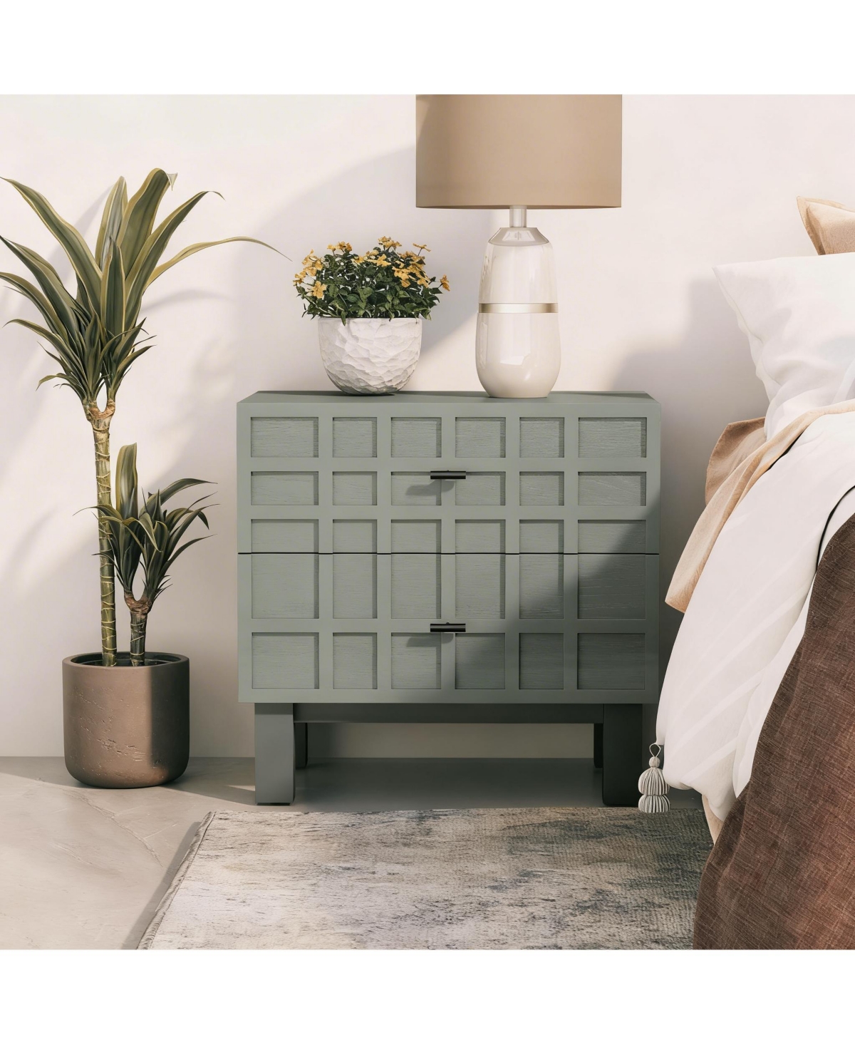 Yigii Light Green Nightstand with Grid Design