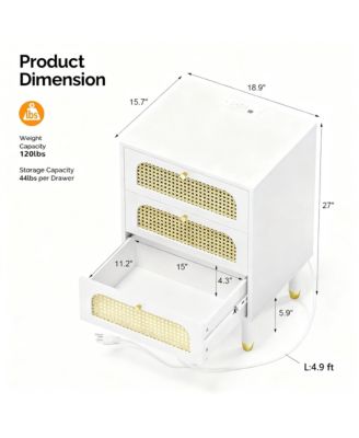 Boho Style Tall Rattan Nightstand with Charging Station