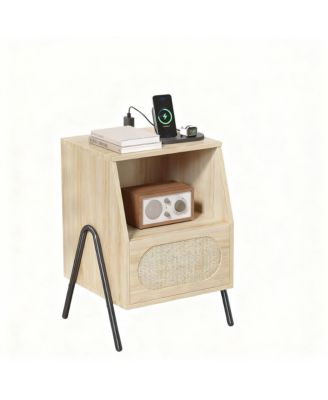 Rattan Nightstand with Charging Station and Storage