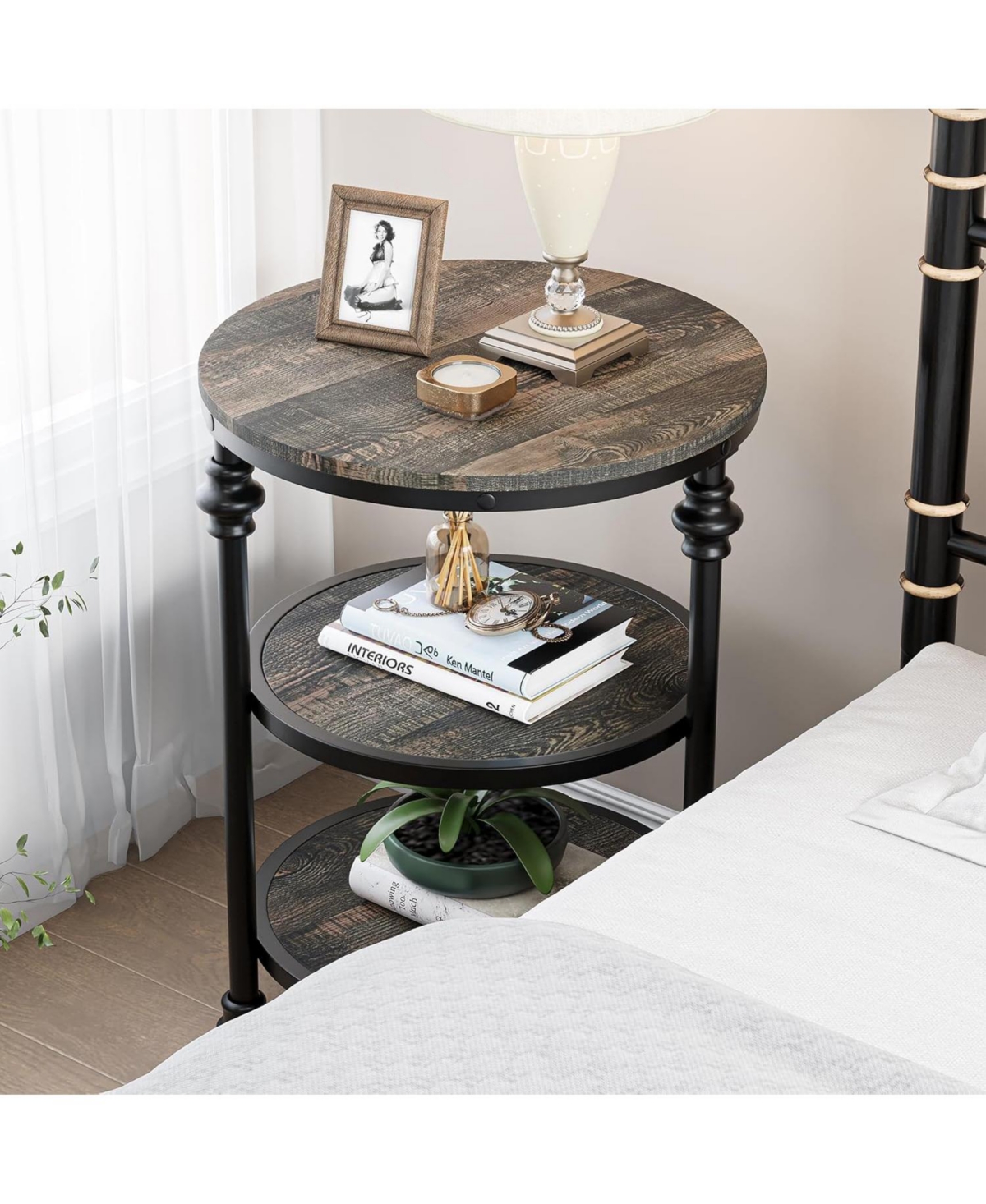 gaomon Round End Table, Small Side Table with 3 Shelves for Living Room, Bedroom, Night Stand Accent Coffee Table with Steel Frame