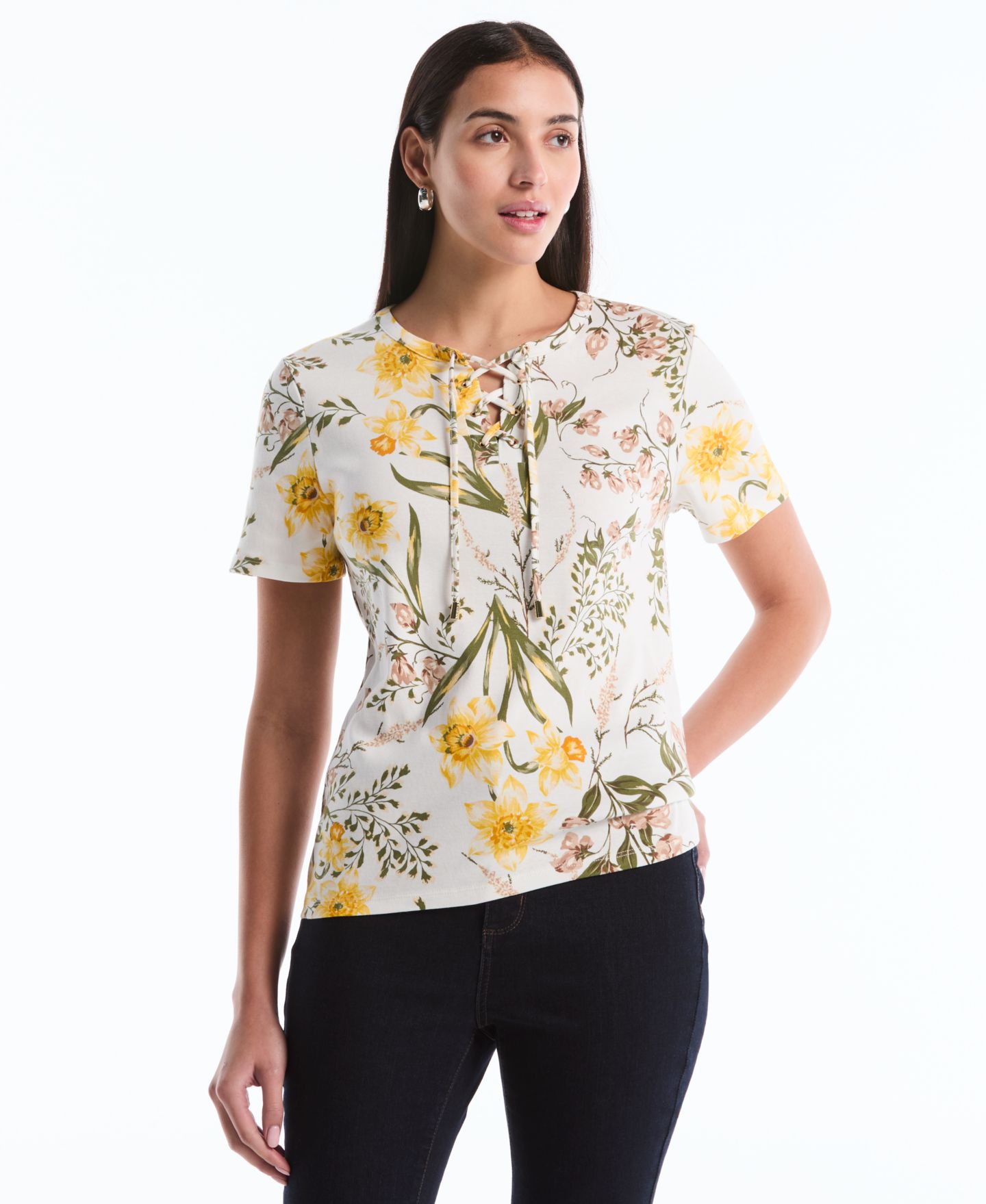 Женский топ Rafaella Petite Garden Print Lace-Up, цвет: Белый — фото 2