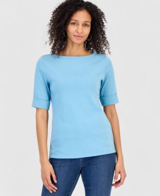 Women's Boat-Neck Elbow Sleeve Cotton Top