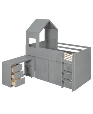 Twin Size Wooden Loft Bed with Desk, Drawers,Cabinets