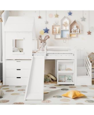 Streamdale Twin Loft Bed with Storage, Desk, Slide & Stairs, White