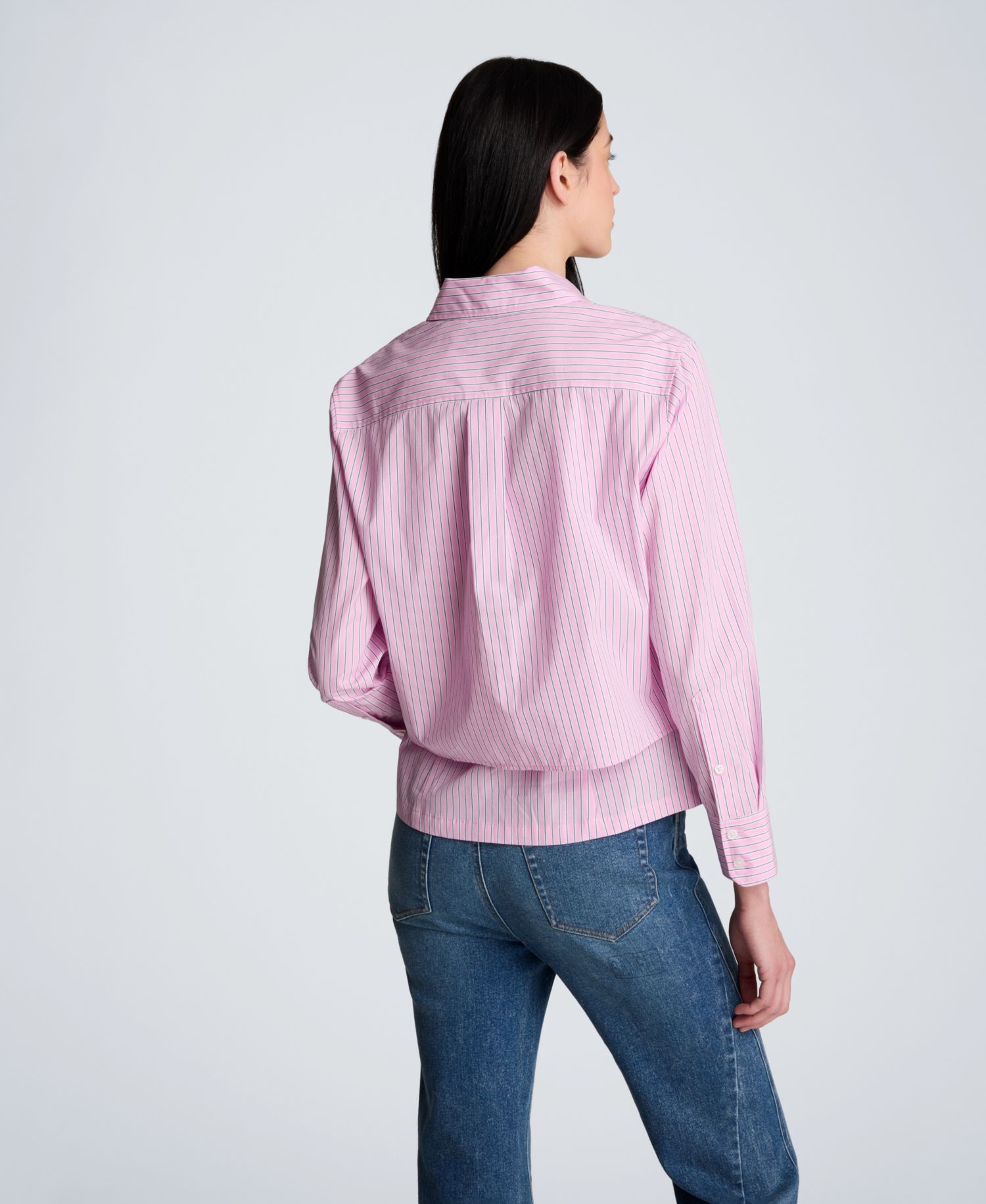 Striped Poplin Cropped Long Sleeve Button Front Shirt