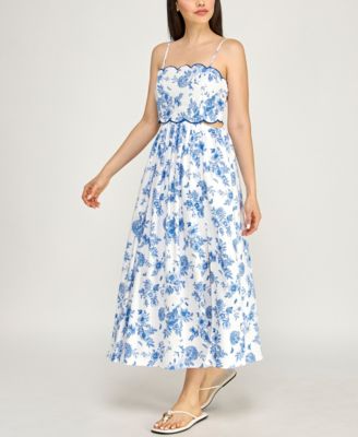 Juniors' Sleeveless Scallop Trim Slim Midi Dress