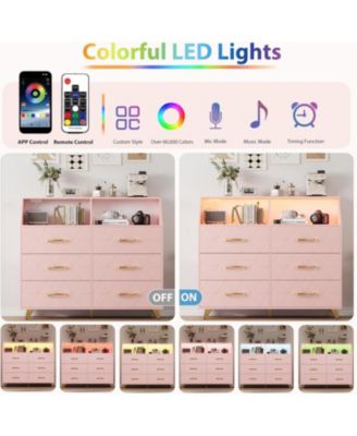 Pink Dresser with Charging Station, LED TV Stand, 6-Drawer Modern Wood Storage for Bedroom, Closet or Living Room
