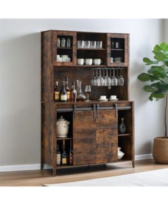 70" Tall Farmhouse Coffee Bar Cabinet Kitchen Hutch Storage with Sliding Barn Door Tall Sideboard Buffet Cabinet