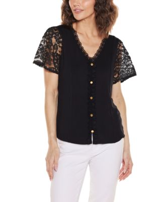 Women's Crochet Lace Sleeve V-Neck Top