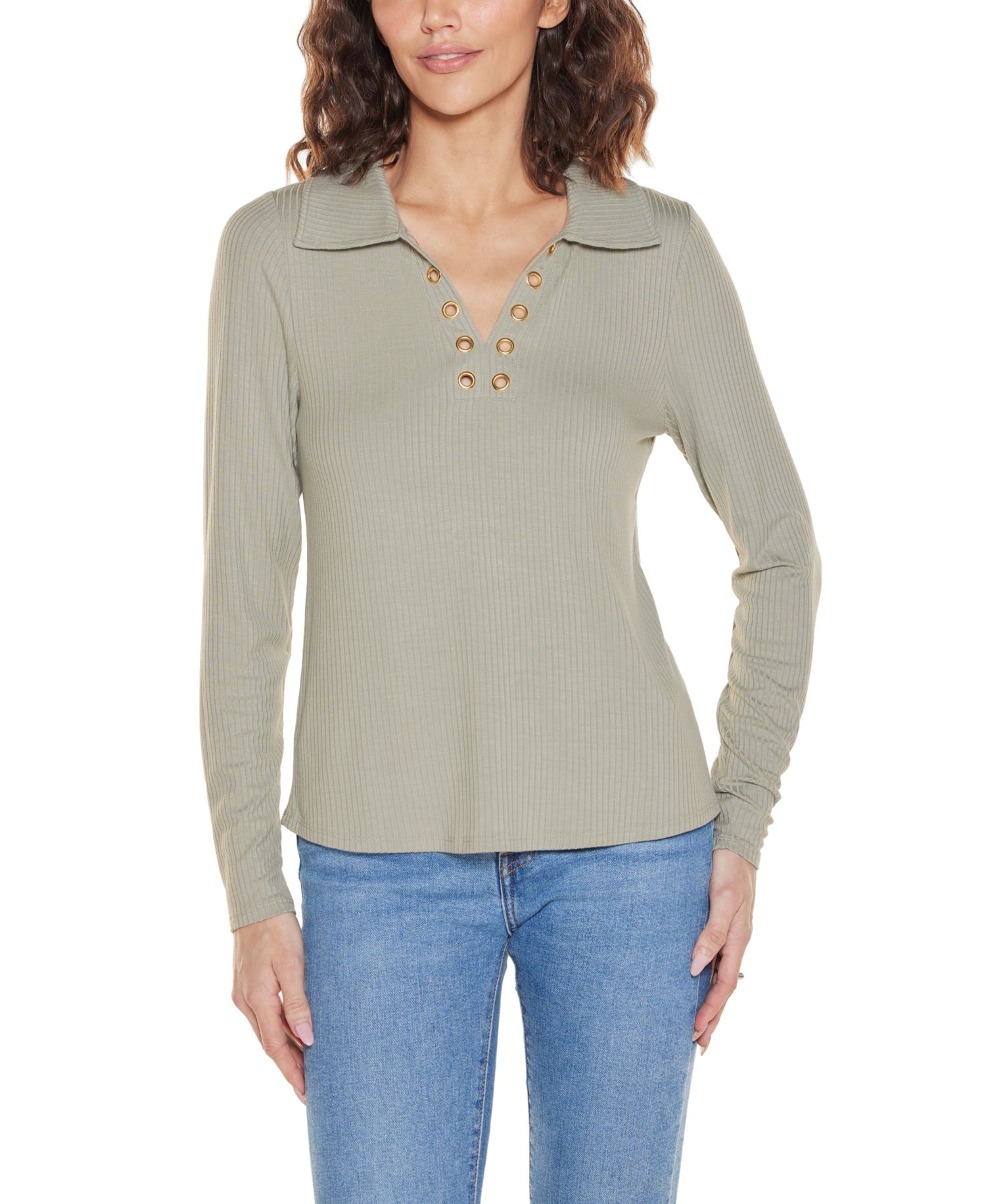 Plus Grommet-Trim Split-V Knit Top