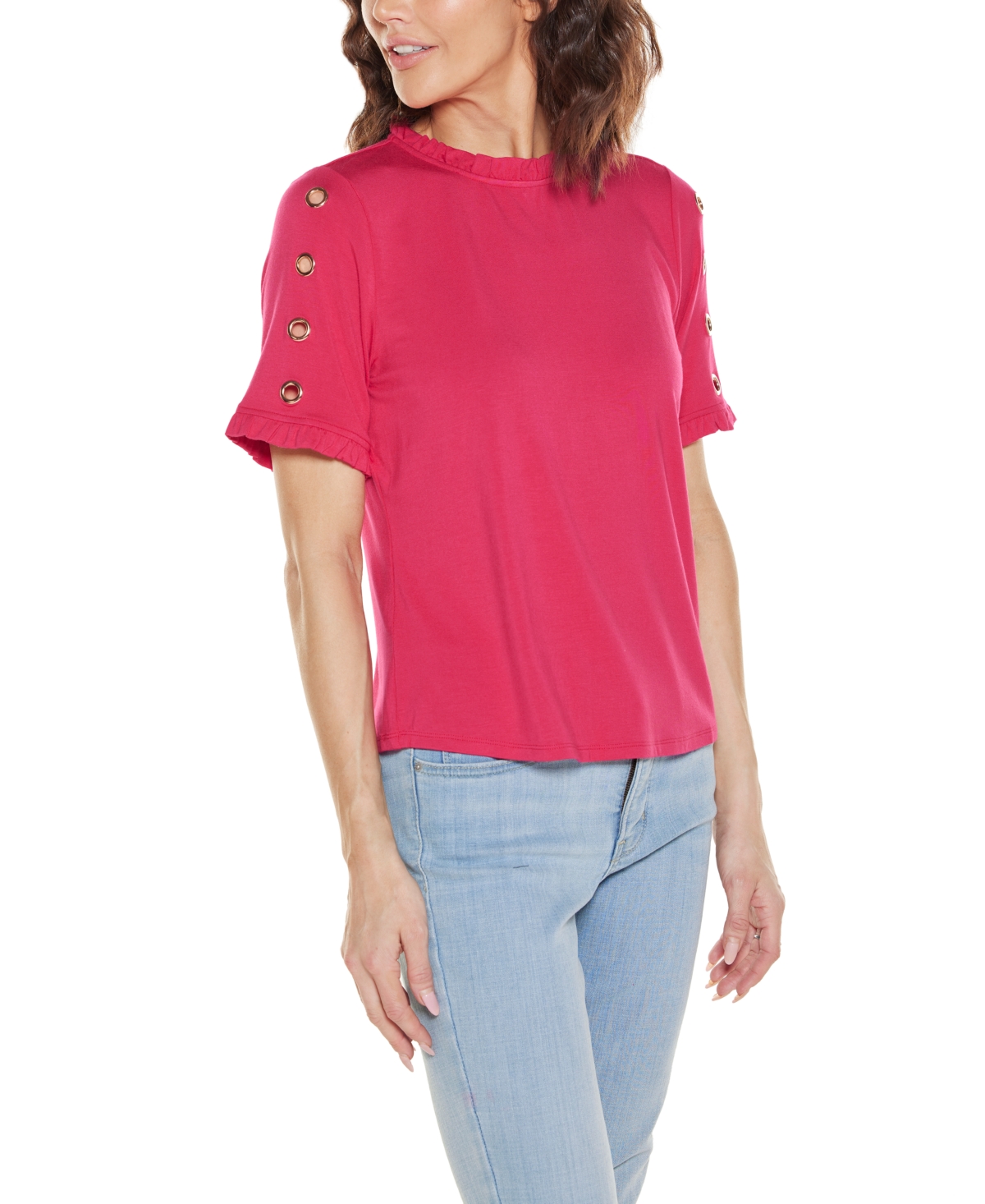 Belldini Women's Ruffle Trim Grommet Knit Top