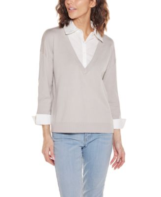 Women's Woven Collar Twofer Sweater