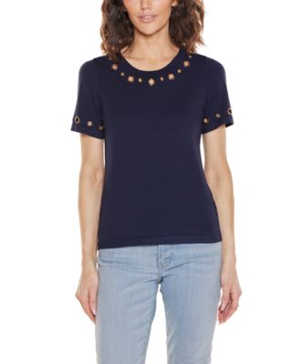 Women's Grommet Detail Crew Neck Sweater