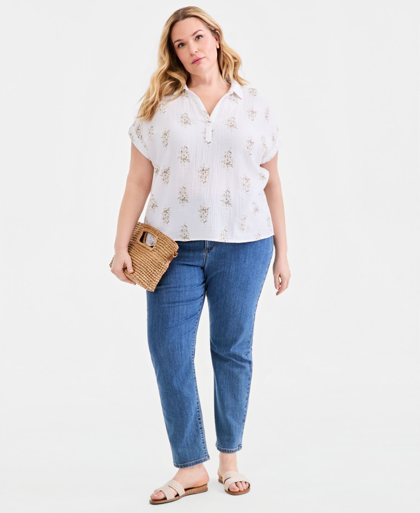 Женский топ Style & Co Plus Size Collared Popover, цвет: Яркий белый — фото 4