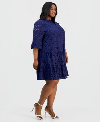Plus Size Cotton Eyelet Tiered Shirtdress