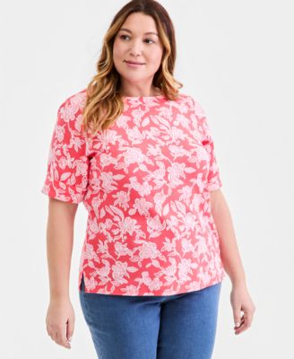 Plus Size Printed Boat-Neck Elbow Sleeve Cotton Top