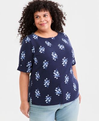 Plus Size Printed Boat-Neck Elbow-Sleeve Top