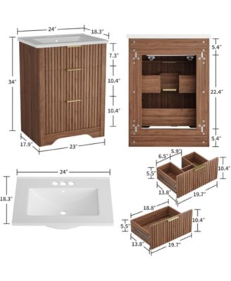 "24'' Walnut Fluted Bathroom Vanity with Sink, Freestanding Cabinet with 2 Drawers & Flip Down Drawer, Easy Assembly"