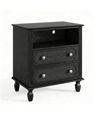 Wood Grain Nightstand with Charging Hub - 26" Tall, 2 Drawers, Open Shelf