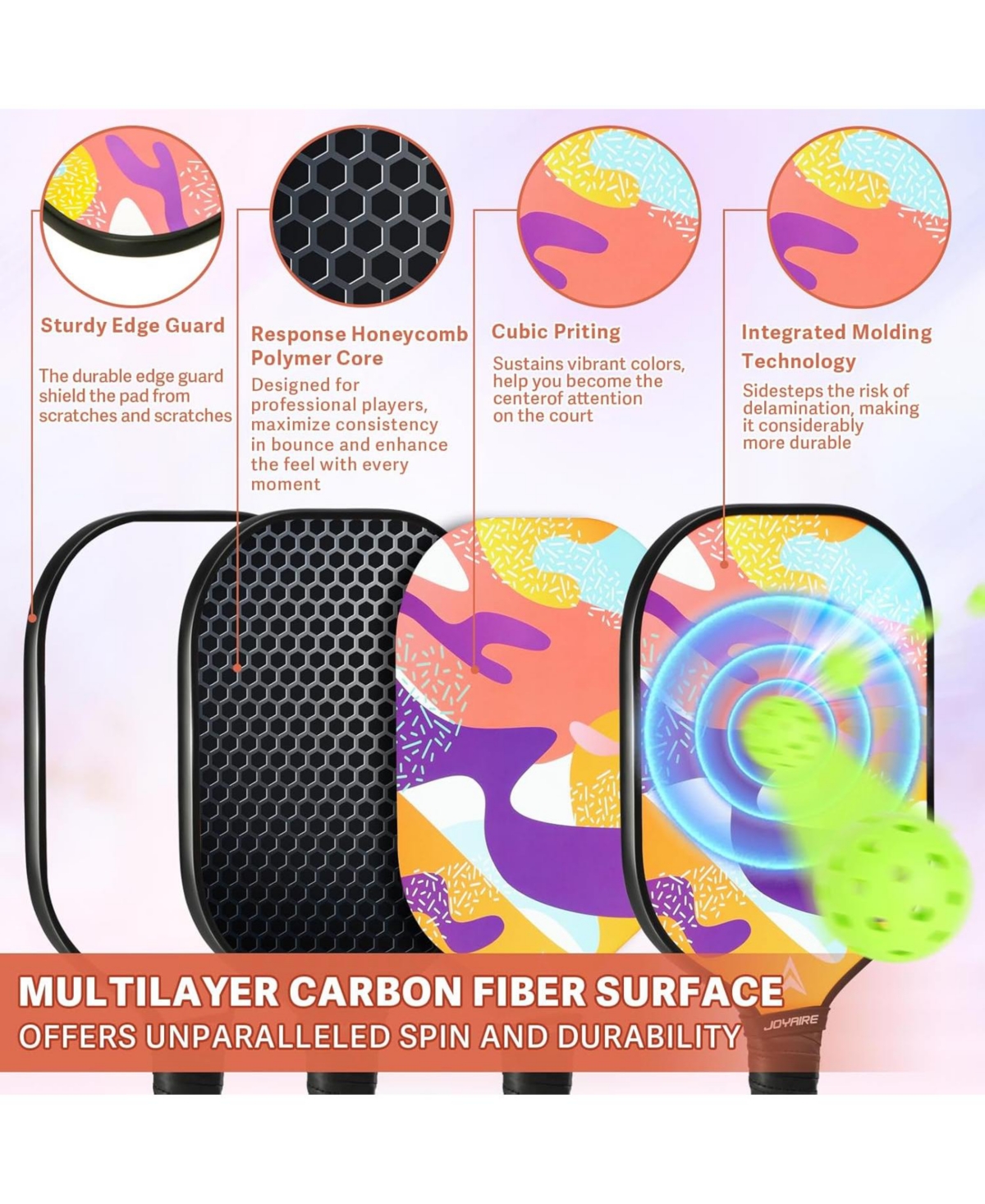 Joyaire Pickleball Paddles Set of 4 Usapa Approved Carbon Fiber, 7.5OZ Lightweight Honeycomb Core, 4 Pickleball, Portable Bag for Beginners