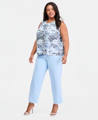 Plus Size Printed Pleat-Neck Sleeveless Top