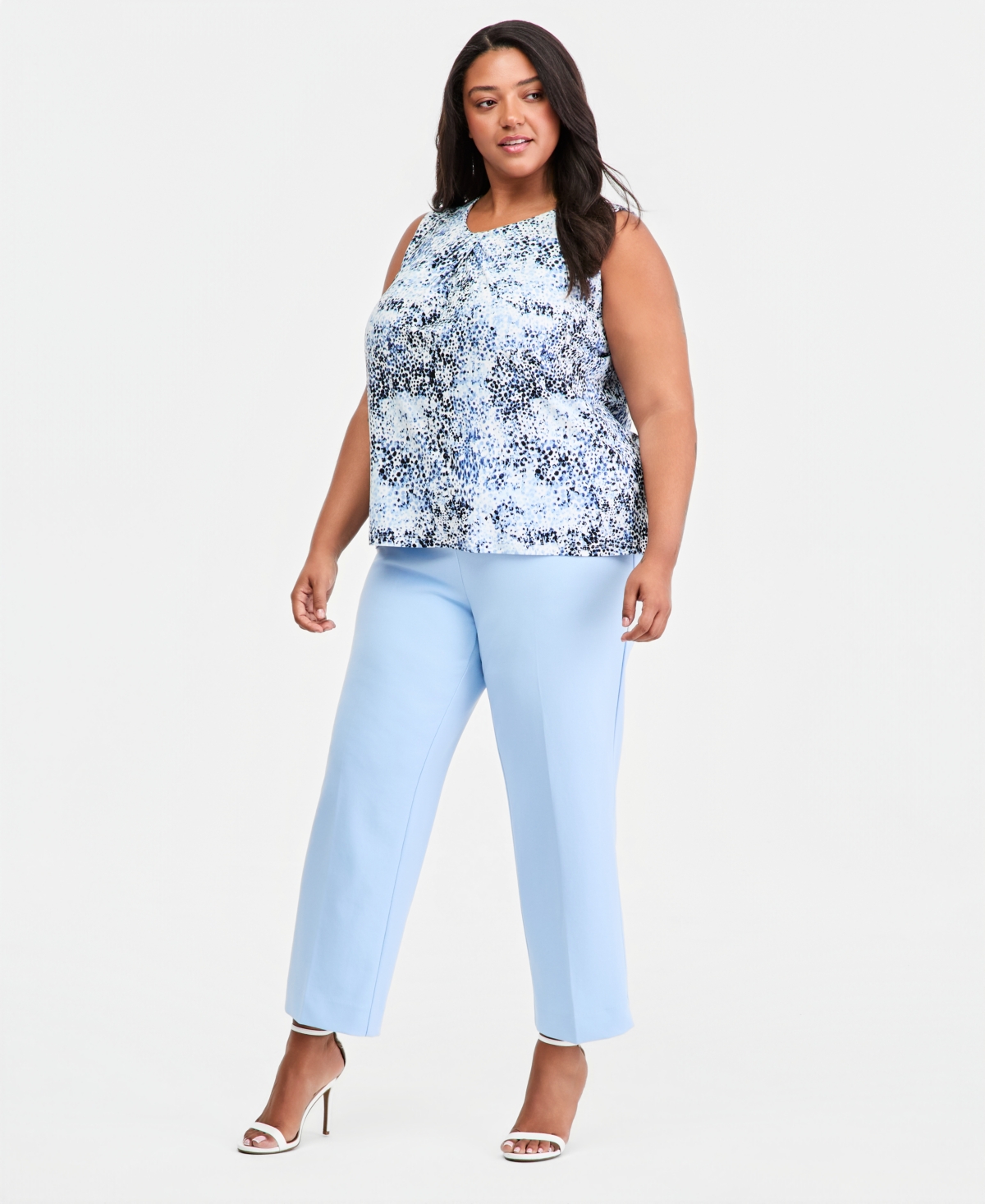 Anne Klein Plus Printed Pleat-Neck Sleeveless Top