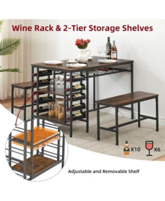Dining Table Set for 4 Kitchen Table with 2 Benches Rectangular Dining Room Table Set with Wine Rack and Storage Shelf 3 Piece Dining Table Set