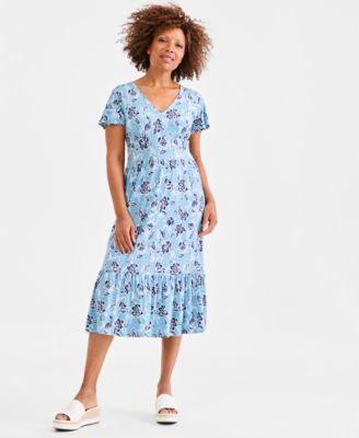 Women's Printed V-Neck Tiered Midi Dress