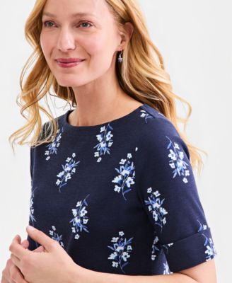 Women's Printed Boat-Neck Elbow-Sleeve Top