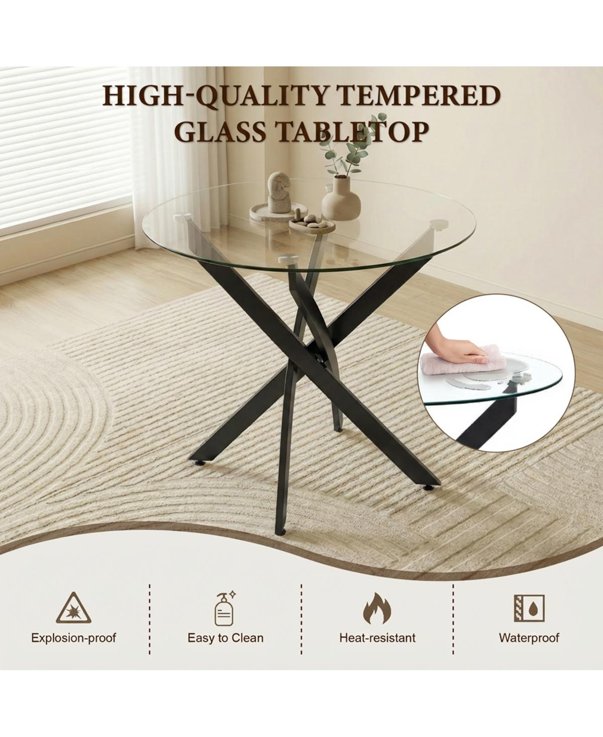 Streamdale Round Dining Table, 35.5" Glass Kitchen Table with Black Legs