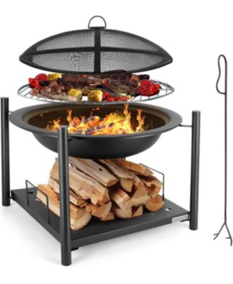 Outdoor Wood Fire Pit Steel BBQ Grill with Mesh Spark Screen, Log Grate, Poker & Cover