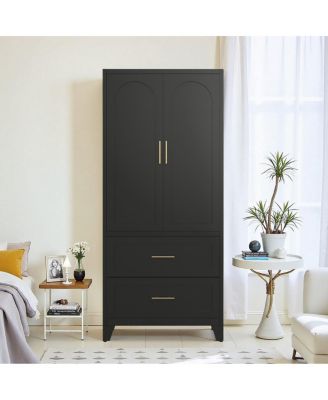 Streamdale 71" Black Metal Wardrobe Cabinet with 2 Drawers, Hanging Rod & Shelf