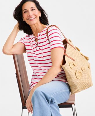 Women's Striped Lace-Up Short-Sleeve Top