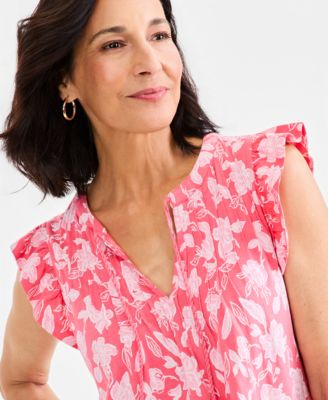 Women's Printed Pintuck Flutter Sleeve Top