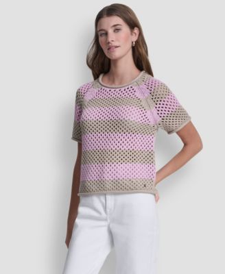 Women's Short-Sleeve Raglan Stripe Pointelle Pull-On Sweater