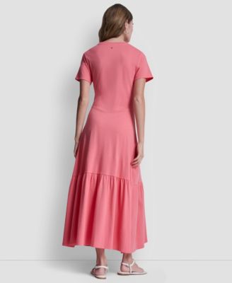 Women's Ruched Bodice Crew Neck Tier Long Dress