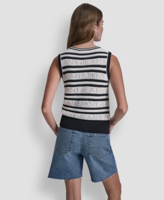 Women's Sleeveless Logo Pointelle Striped Sweater