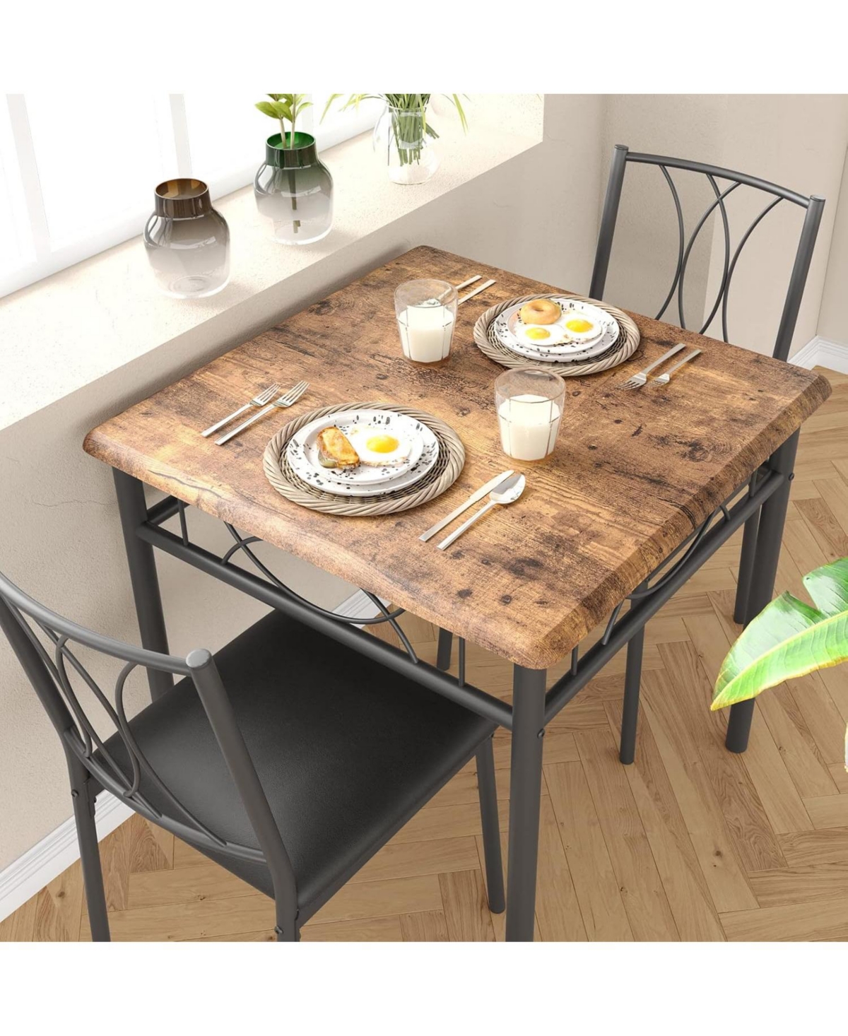 gaomon 3 Piece Kitchen Table Set Dining Table and Chairs for 2 Metal and Wood Square Dining Room Table Set with 2 Upholstered Chairs Kitchen Table Set