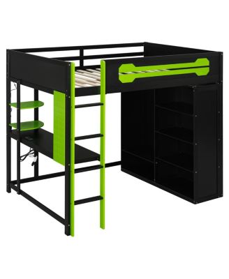 Full Size Wood Loft Bed with Desk, Open Wardrobe and RGB Light