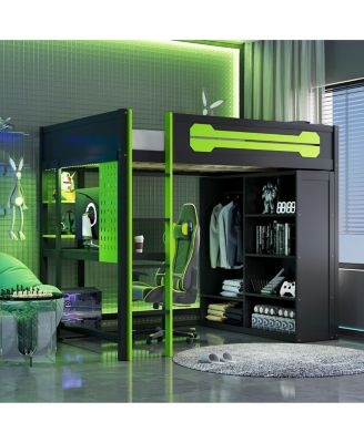 Full Size Wood Loft Bed with Desk, Open Wardrobe and RGB Light