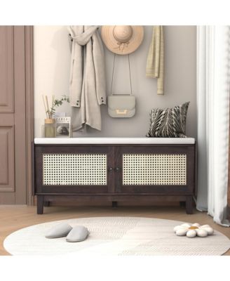 Rattan Shoe Storage Bench, Wooden Shoe Organizer with Cushion, 2 Doors, 2-Tier Shoe Rack and Adjustable Shelves for Entryway, Hallway