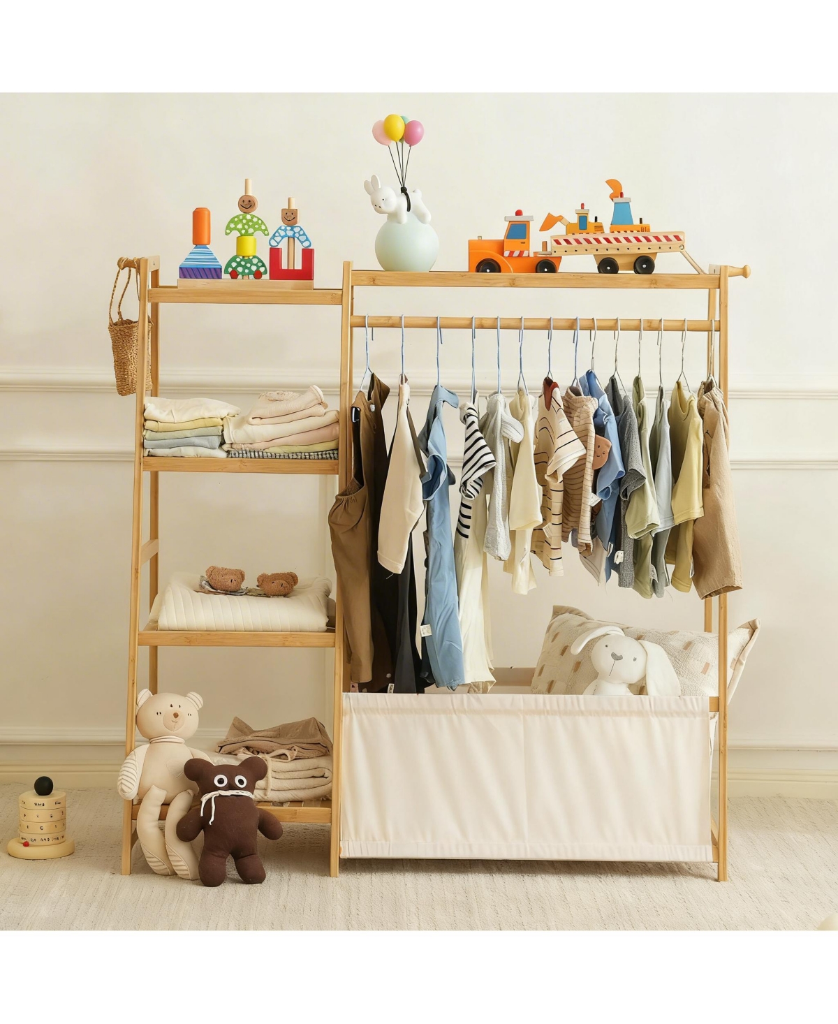 Yigii Children's 5-Tier Storage Rack with Hanging & Concealed Toy Bag