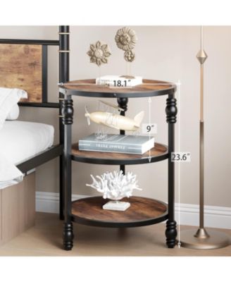 End Table 3-Tier Round Side Table Living Room Accent Table with Storage Shelf and Metal Industrial Wood Bed Side Table/Night Stand