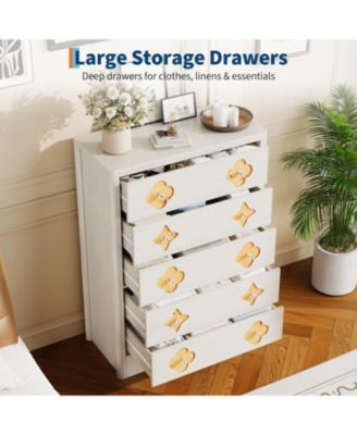 5 Drawer Tall Dresser for Bedroom, 45'' Boho Chest of Drawers, Wooden Chest with Clothes Storage Cabinet, Decorative Drawer Front Organizer