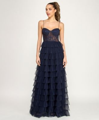 Juniors' Lace Ruffled Sweetheart Sleeveless Gown