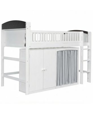 Loft Bed with Storage Cabinet, Wardrobe and LED, White and Espresso