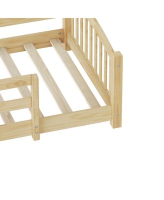 Twin Montessori Floor Bed with Slats, Guardrails, and Fence