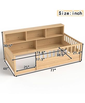 Wood Floor Bed with Fence Guardrail & Side Storage